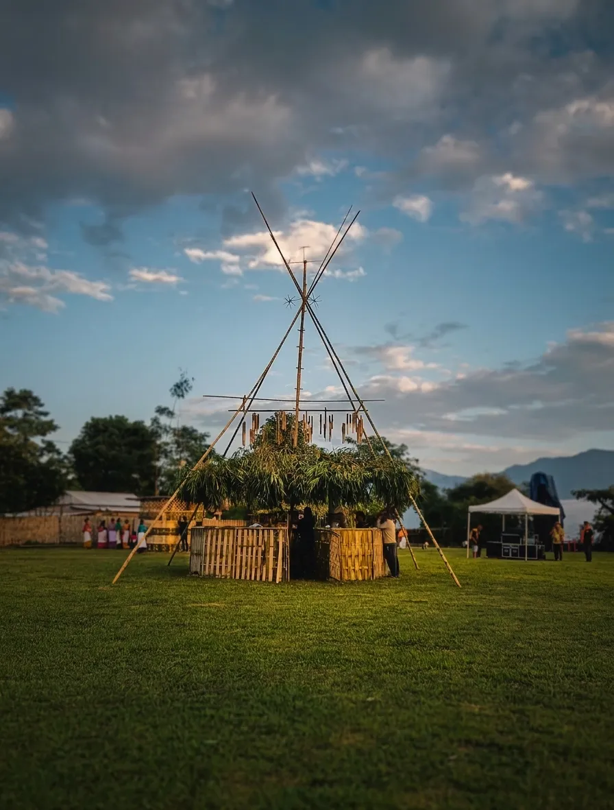 The built central bamboo bar installation at dusk, thatched roof over a woven bamboo counter